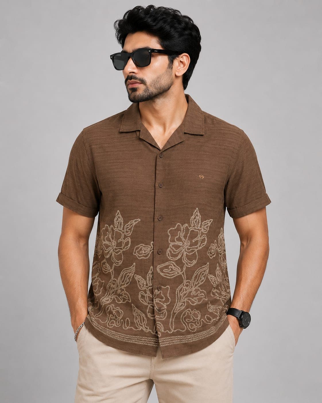 BLUEFIN Men's Cocoa Floral Print Resort Shirt thumbnail 1
