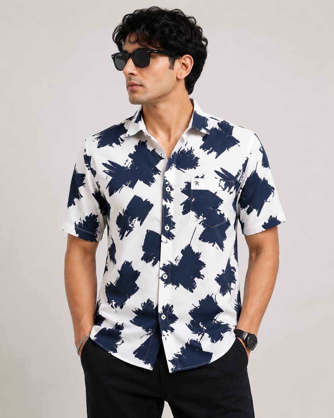 BLUEFIN Men's White Abstract Print Casual Shirt thumbnail 1