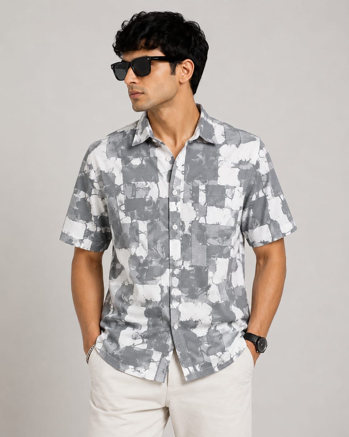 BLUEFIN Men's Grey Abstract Print Casual Shirt | Regular Fit Half Sleeve thumbnail 1