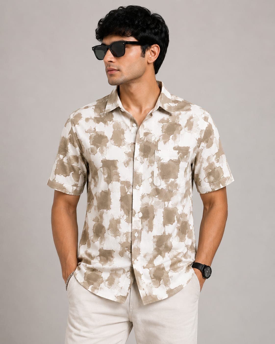 BLUEFIN Men's Desert Sand Abstract Print Casual Shirt | Regular Fit Half Sleeve thumbnail 1