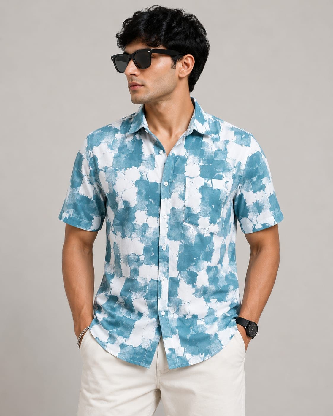 BLUEFIN Men's Ocean Mist Abstract Print Casual Shirt | Regular Fit Half Sleeve thumbnail 1
