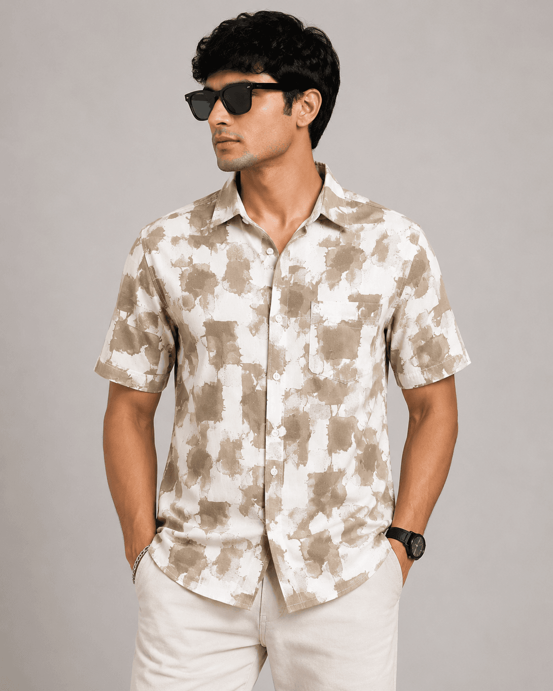 BLUEFIN Men's Desert Sand Abstract Print Casual Shirt | Regular Fit Half Sleeve