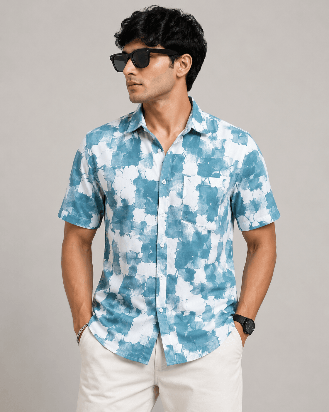 BLUEFIN Men's Ocean Mist Abstract Print Casual Shirt | Regular Fit Half Sleeve